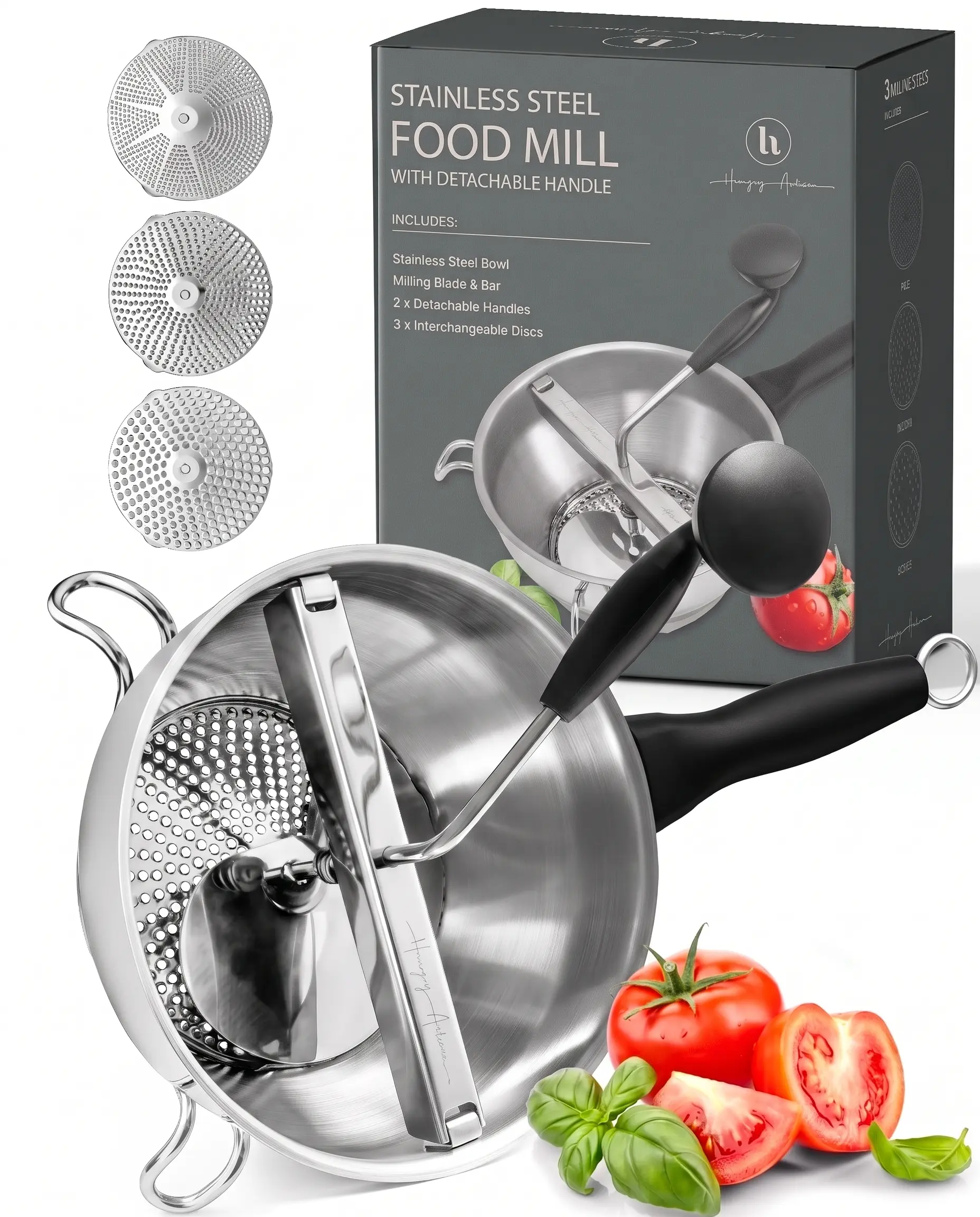 Hungry Artisan Sturdy Rust-resist Steel Food-Grade Hand Crank Mill - Compact, Detachable Handle, 3 Interchangeable Discs, High-Heat Safe, Easy to Use & Clean, Built to Last for Parents & Seniors, Grind Capable, Rock-Solid Stability, Interchangeable Disks
