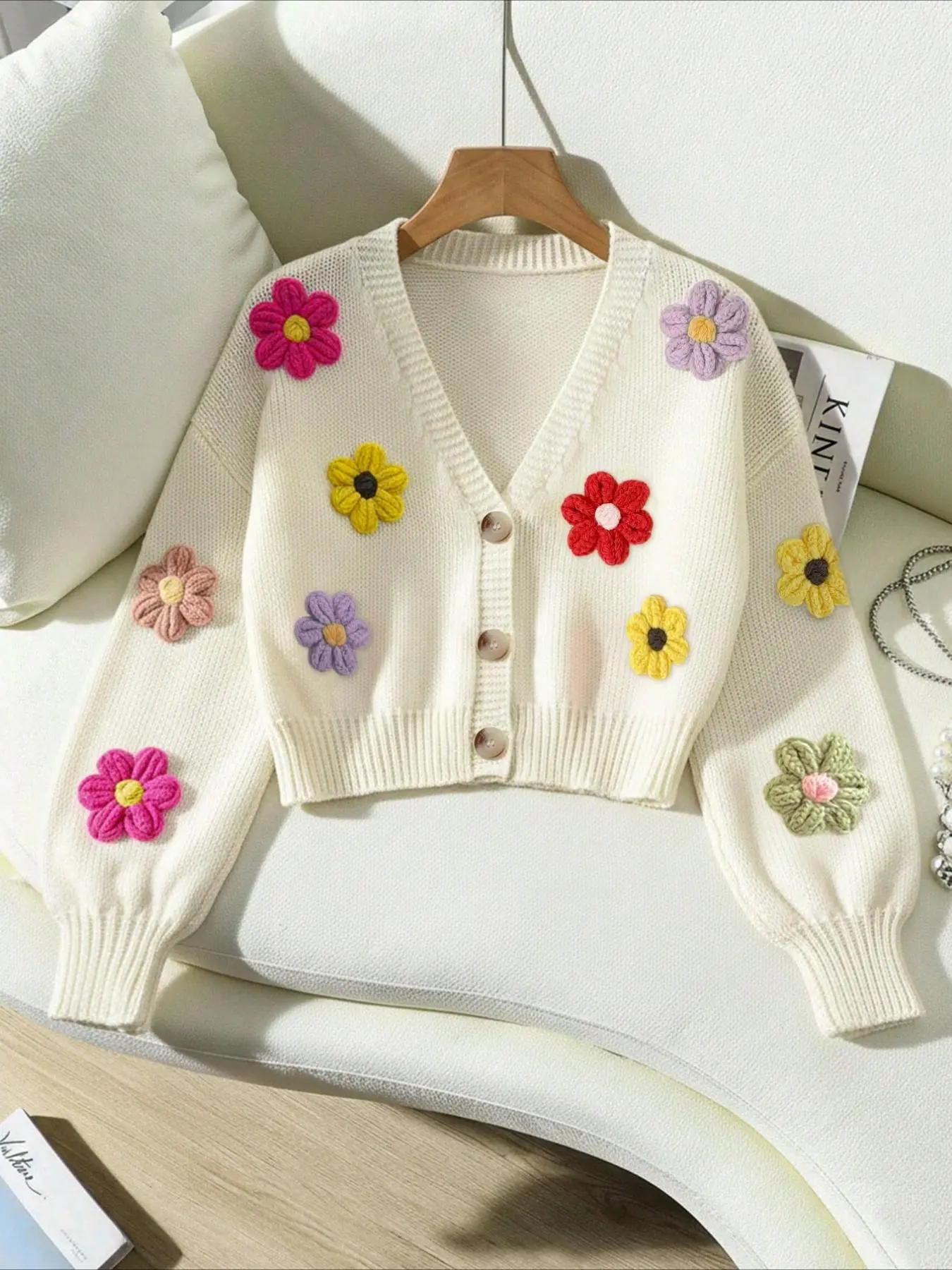 Colorful Floral 3D Embroidered Knit Cardigan with Button V Neck, Casual Chic Loose Fit Oversized Long Sleeve Knitting Sweater for All Seasons, Essential Daily Layering Piece, Knitwear, Clothes