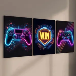 3-count wooden frame canvas, cyberpunk neon game controller triple decoration, e-sports theme cool art poster, fashionable family poster, modern living room decoration, suitable for corridor and bedroom walls, waterproof art