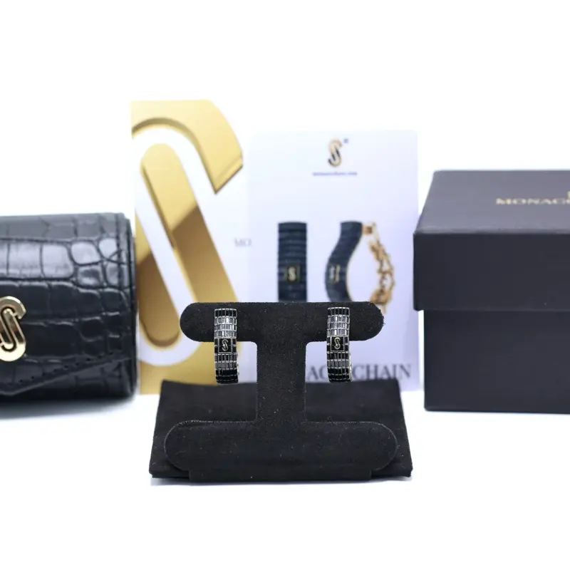 14KT Gold Monaco Chain Black Edition Baguette Hoop Earrings - 6.5MM Width Certified Women’s Fine Jewelry