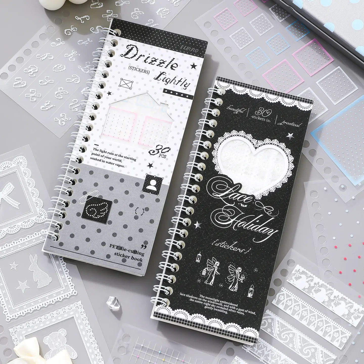 Set of 2 Vintage Polka-Dot Lace PET Waterproof Sticker Books — totaling 60 pages, perfect for decorating planners, journaling，diaries, cards, and more.