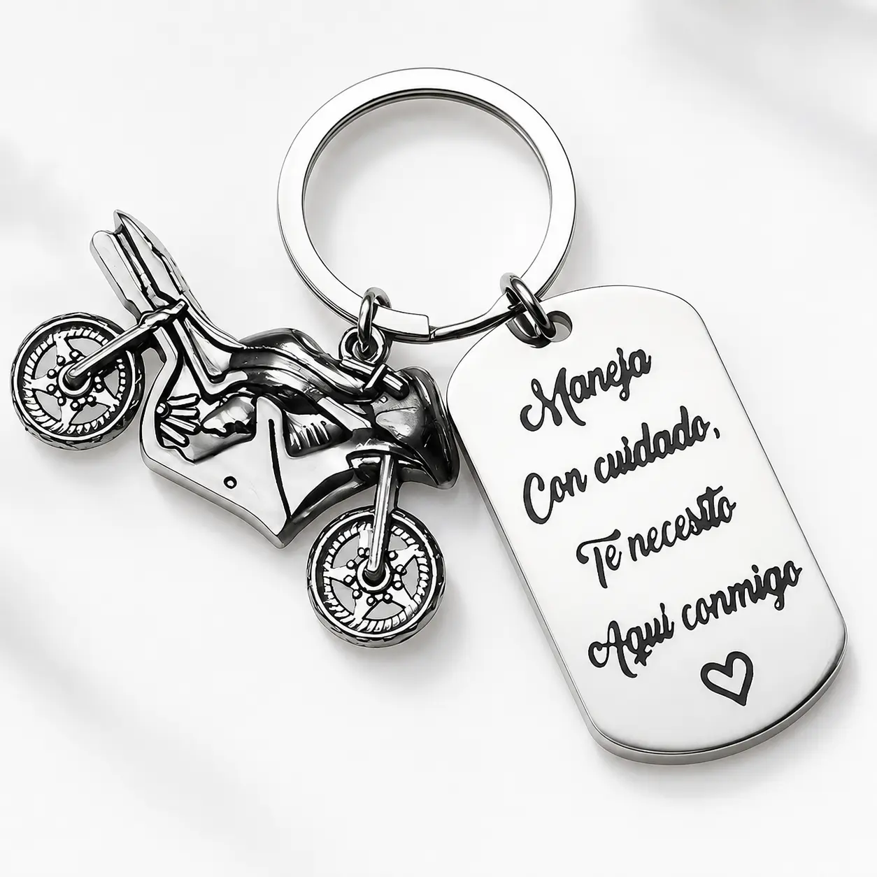 Stainless Steel Keychain with Vintage Motorcycle Key Charms, Smooth Engraved "Maneja Con Cuidado" Tag, Drive Safe Anniversary Gift for Bikers, Fathers, Letters, Split Ring, Vehicles, Scratch Resistant, Engraved Keychains