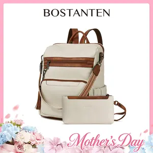 【Mother's Day Gift】BOSTANTEN Backpack for Women Leather Womens Backpack Purse 2PCS Laptop Backpack Large Ladies Shoulder Bags with Wristlet,summervibes