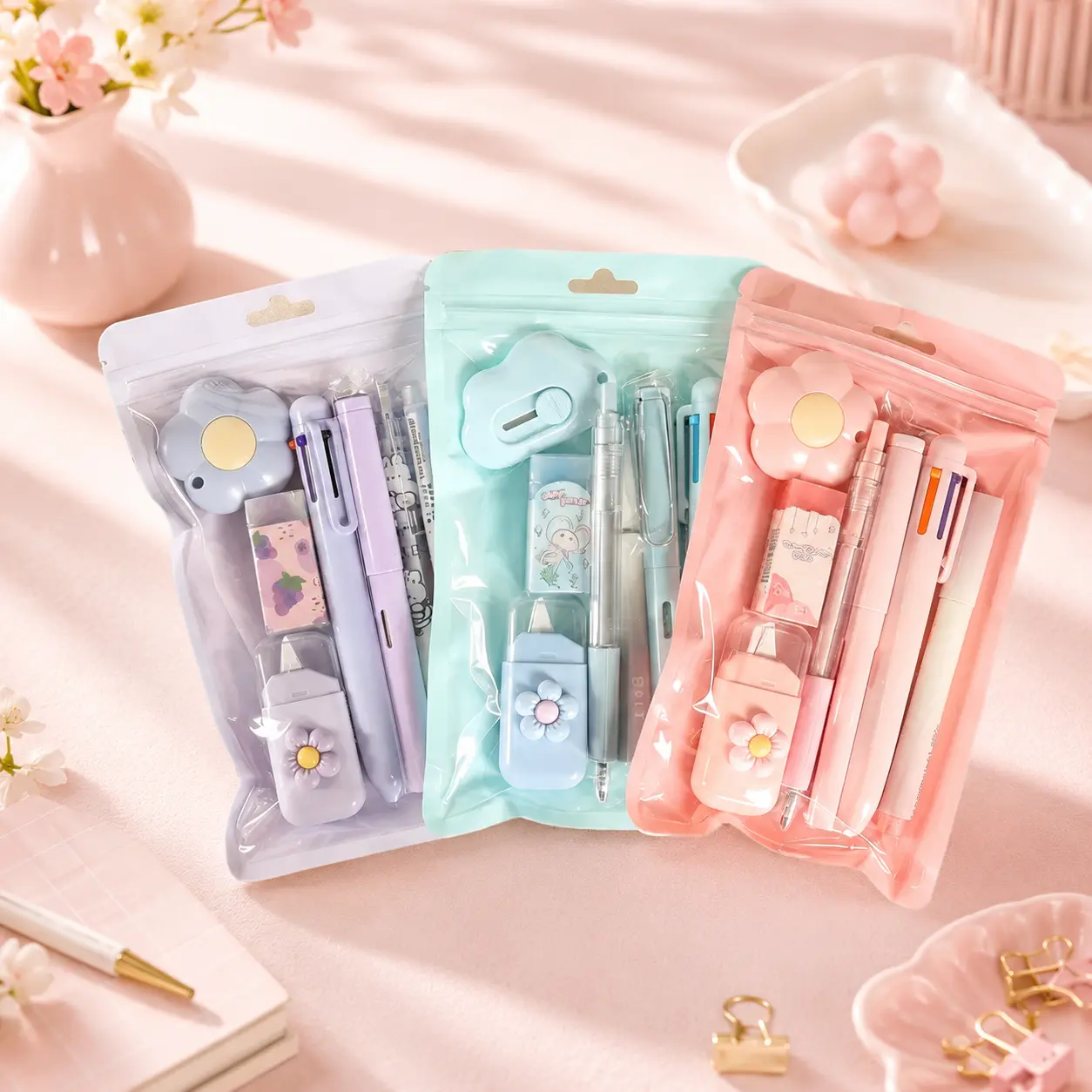 7 Pcs  Aesthetic Stationery Set - Kawaii School Supplies with Pens, Highlighter & Mini Craft Cutter