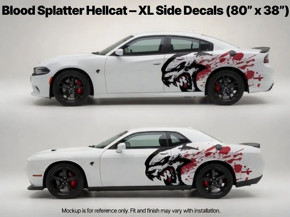 Blood Splatter Hellcat Savage Big Cat Head Rear Side Decal Kit for Dodge Challenger & Charger(Left & Right Pair) – XL Vinyl Car Stickers for SRT, Hellcat Models – Weatherproof, UV-Resistant, Fade-Resistant, Easy Apply Muscle Car Exterior Mod