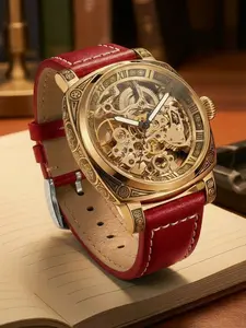 A men's gold carved hollowed out dial with a red leather strap, suitable for couples of both genders, featuring a personalized student style hollowed out carved fully automatic mechanical watch