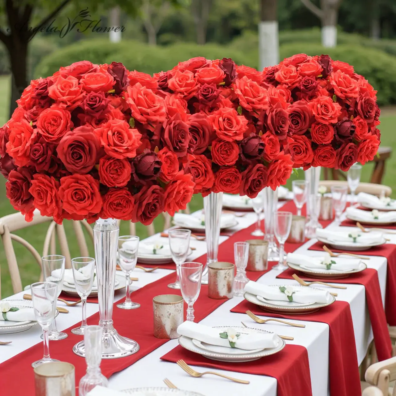A9083 2pcs 1.31ft Artificial Red Rose Flower Ball Wedding Birthday Table Banquet Supplies