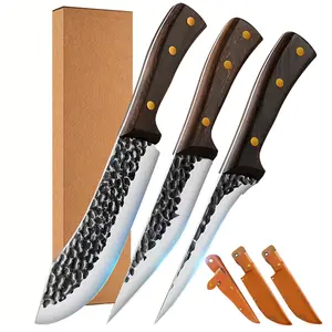 3 Pieces Multipurpose Knife with Leather Cover, Household Sharp Bone and Meat Cleaver Knife, Portable Outdoor Picnic Knife