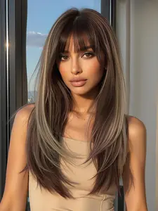 22 Inch Long Straight Ombre Soft Synthetic Hair Wigs for Women, Gorgeous Fluffy Blunt Cut Wig with Blunt Bangs, Synthetic Full Machine Wigs for Party, Daily Use, Synthetic Hair, Synthetic Natural Looking