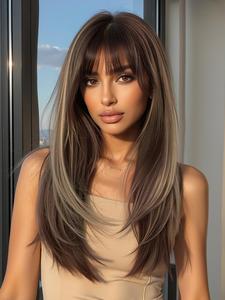 22 inch long straight ombre wigs for women, gorgeous fluffy blunt cut wig with blunt bangs, synthetic full machine wigs for party, daily use, synthetic hair