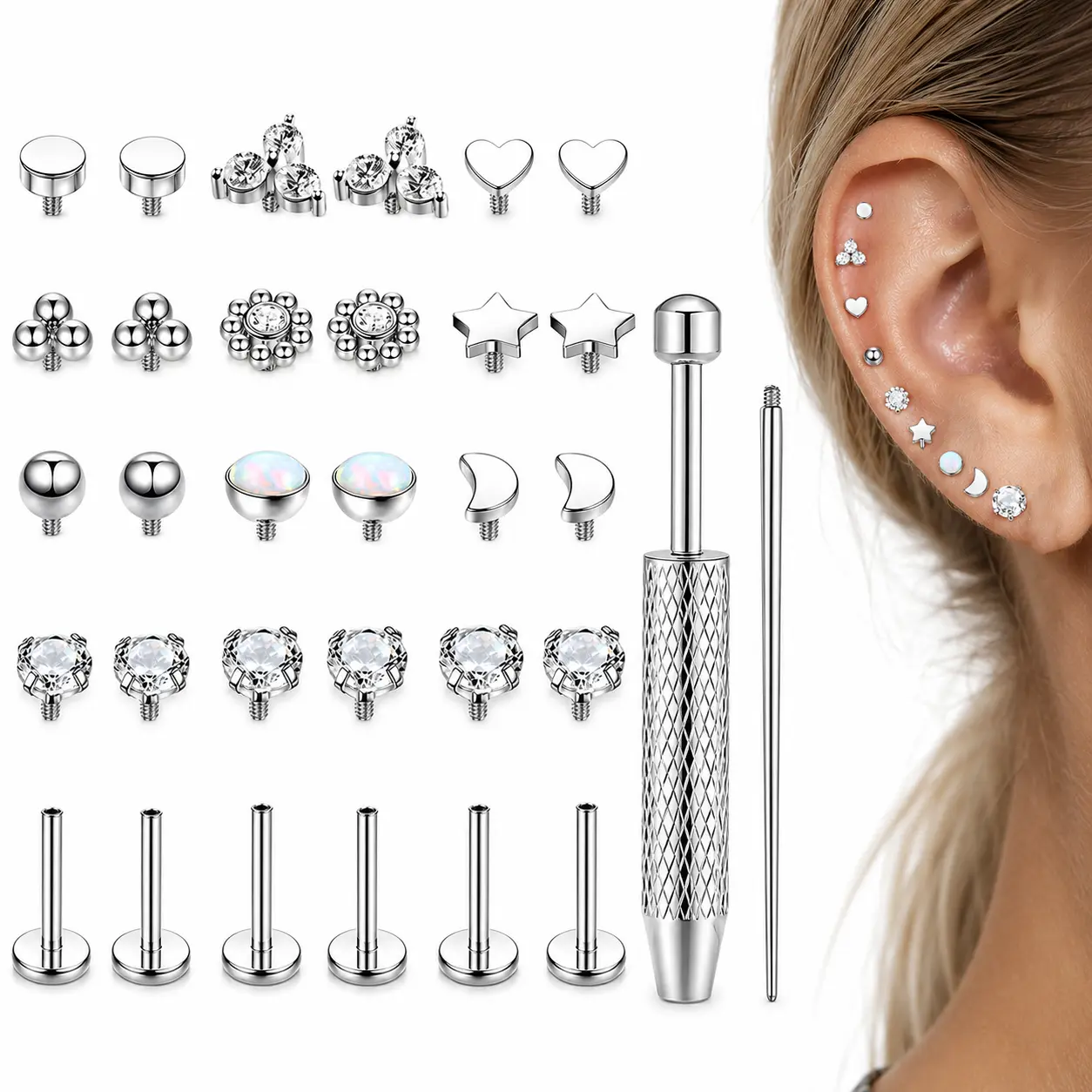 16G Flat Back Stud Earrings for Women - Hypoallergenic Surgical Steel Internal Thread Stud Piercing Jewelry for Tragus Helix Cartilage Conch Nose 6MM 8MM 10MM Lip Labret Medusa Piercing