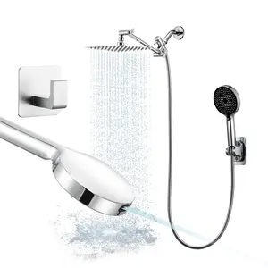 8-inch high-pressure rain shower/hand shower combo with 11-inch extension arm, 4-speed high-pressure shower head, bracket/hose, flow regulator, and no-drill hook. Dual Shower Head Adjustable Handheld