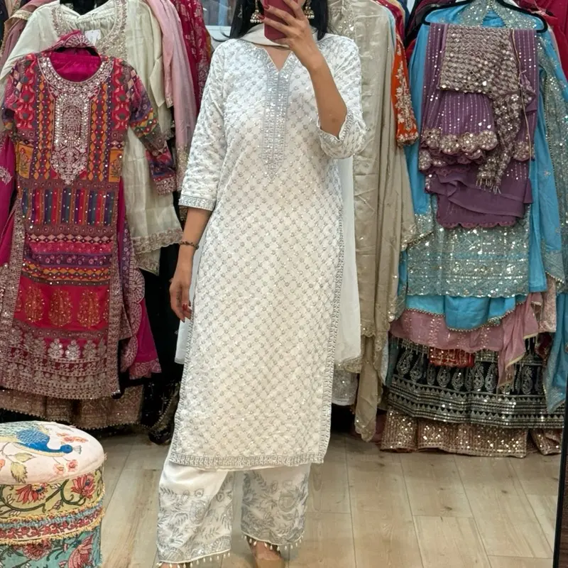 White Straight Pakistani Suit Wedding Party Wear Indian Suit Heavy Work Plazo Pants for Festive Occasions