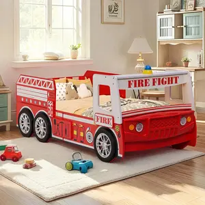 Twin Fire Truck Bed, Sturdy MDF Low Profile, Truck Shape, Vehicle Theme, for Fans, Red and White