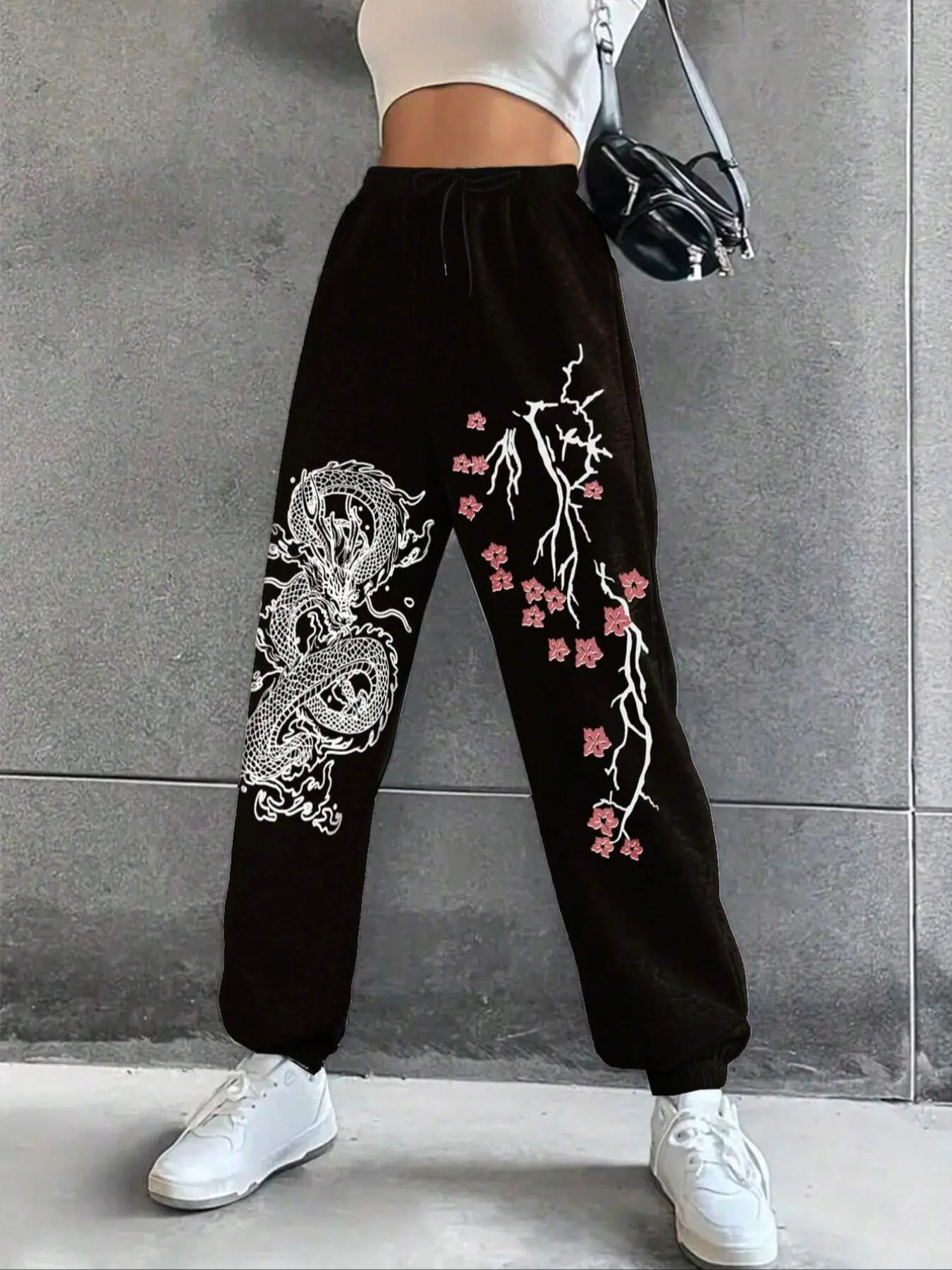 Women's Floral & Dragon Print Adjustable Drawstring Waist Thermal Lined Knit Fabric Fitted Sweatpants, Casual Pocket Jogger Pants for Spring & Fall, Fashion Women's Trousers for Daily Wear, Casual Lounge Pants, Athleisure Pants, Casual Comfy Trousers