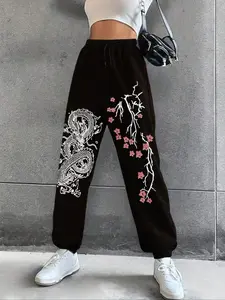 Women's Floral & Dragon Print Adjustable Drawstring Waist Thermal Lined Knit Fitted Sweatpants, Casual Pocket Jogger Pants for Spring & Fall, Fashion Women's Trousers for Daily Wear, Casual Lounge Pants