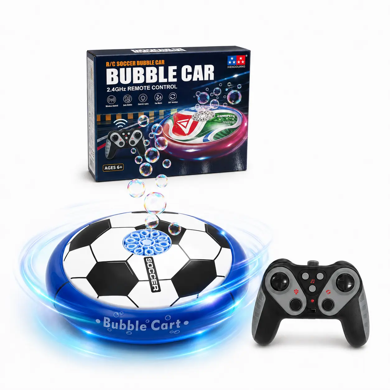UFO Soccer Bubble Car, Automatic Bubble Machine with 360° Spinning, Color-Changing LED Lights & Music, Remote Control Flying Saucer Toy for Kids