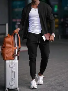 Men's Casual Outdoor Sports Set, Long Sleeve Top & Pants Two-piece, Spring Autumn Fashion, Comfortable & Stylish Design, Fall Sporty Style Clothes Outfit, Solid Tracksuits Set