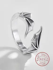 S925 Sterling Silver Vintage Bat Wing Design Cuff Ring, Statement Ring, Fashion Goth Accessories for Men & Women, Trendy All-match & Exquisite Jewelry for Birthday Gift