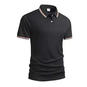 Men's Solid Black Polo Shirt with Orange & White Trim Turn-down Collar Short Sleeve Summer Versatile Business Casual Top