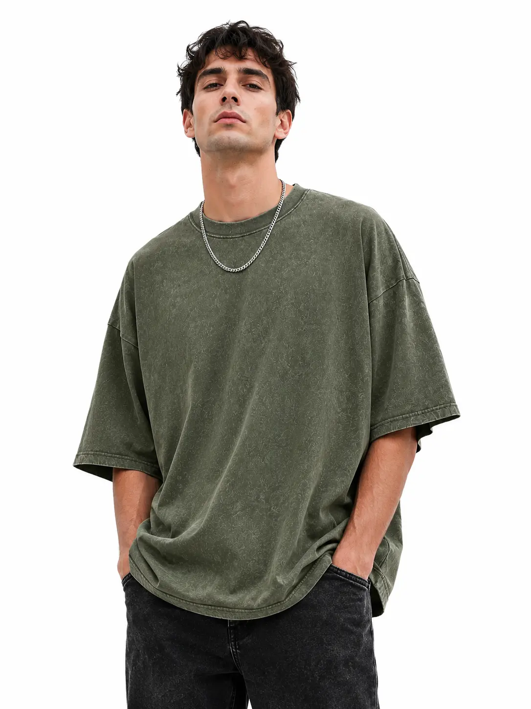 Men's Oversized Acid Wash T-Shirt - Relaxed Fit Plain Streetwear Top, Short Sleeve Drop Shoulder Crew Neck