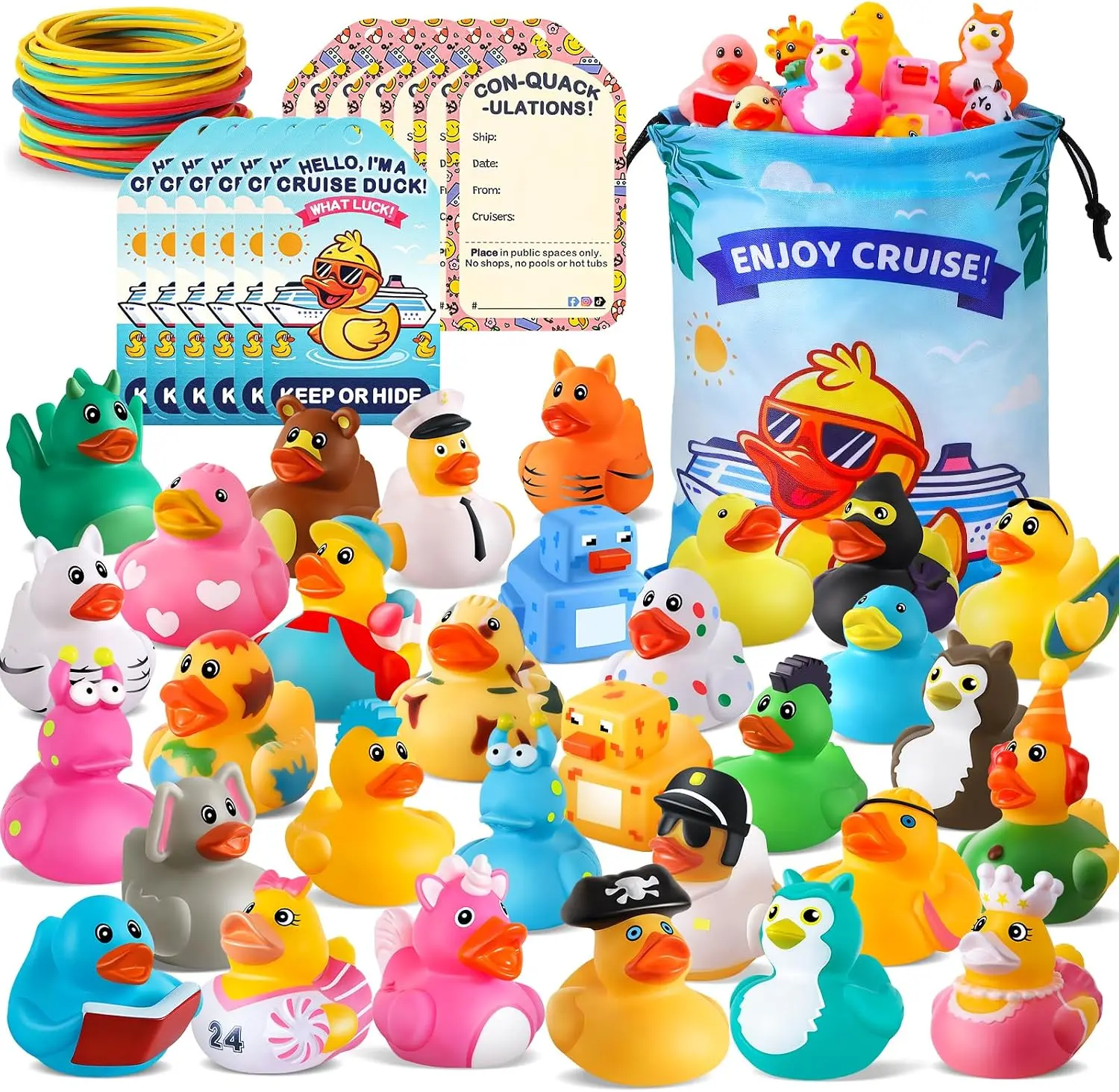 30 Pack Cruise Rubber Ducks with Tags & Rubber Bands — Bulk Cruising Duck Kit for Hiding Game, Cruise Ship Essentials & Party Favors