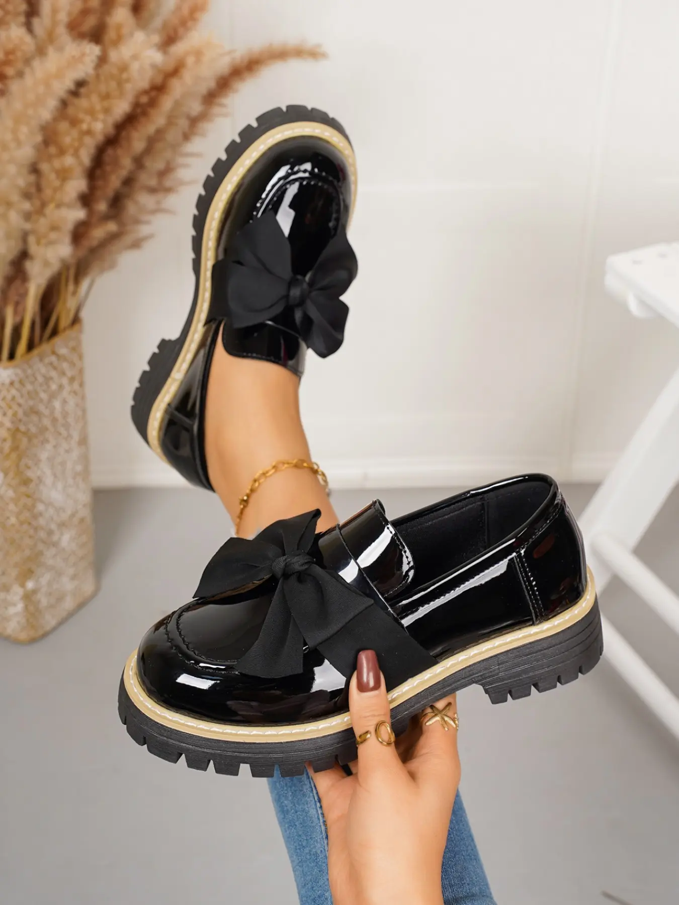 Women's Bowknot Flat Loafers, Spring & Fall Casual PU Leather Shoes, Plain Pattern, Less Than Ankle Height, PVC Sole, Bowknot Design Shoes, Flats Shoes Women