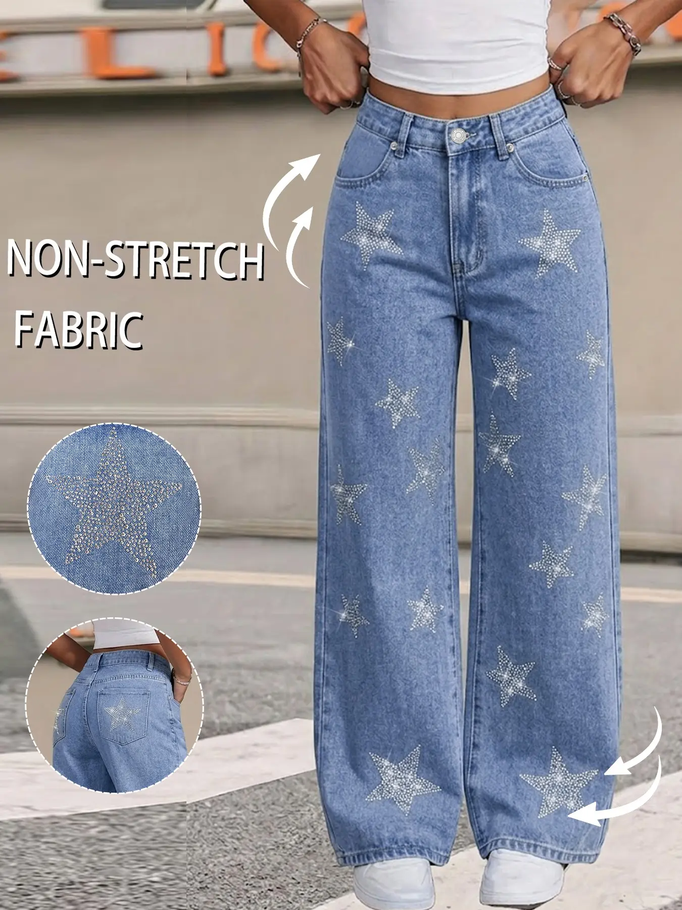 GILIPUR Rhinestone Star Print High-Waisted Wide-Leg Baggy Womenswear Jeans — American Casual Straight-Leg Denim Trousers (TChic)