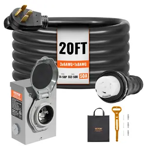 【Spotlight Day】VEVOR 50 Amp Generator Cord and Power Inlet Box Kit, 20FT, NEMA 14-50P/SS2-50R STW 6/3+8/1 AWG Generator Power Cord with Twist Lock Connector, Pre-Drilled Inlet Box for Generator to House, ETL Listed