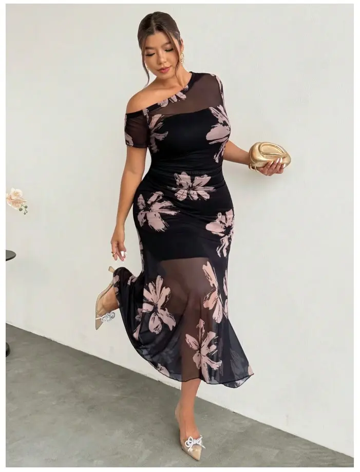 Plus Size Elegant Floral Print Mesh Patchwork Asymmetrical Shoulder Dress, Summer Occasion Dresses For Women Buy Wedding