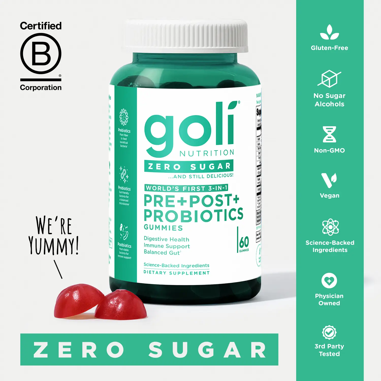 Goli Zero Sugar World's First 3-in-1 Pre, Post, Probiotic Gummies - Gluten Free, Vegan, Non-GMO, & Gelatin-Free.
