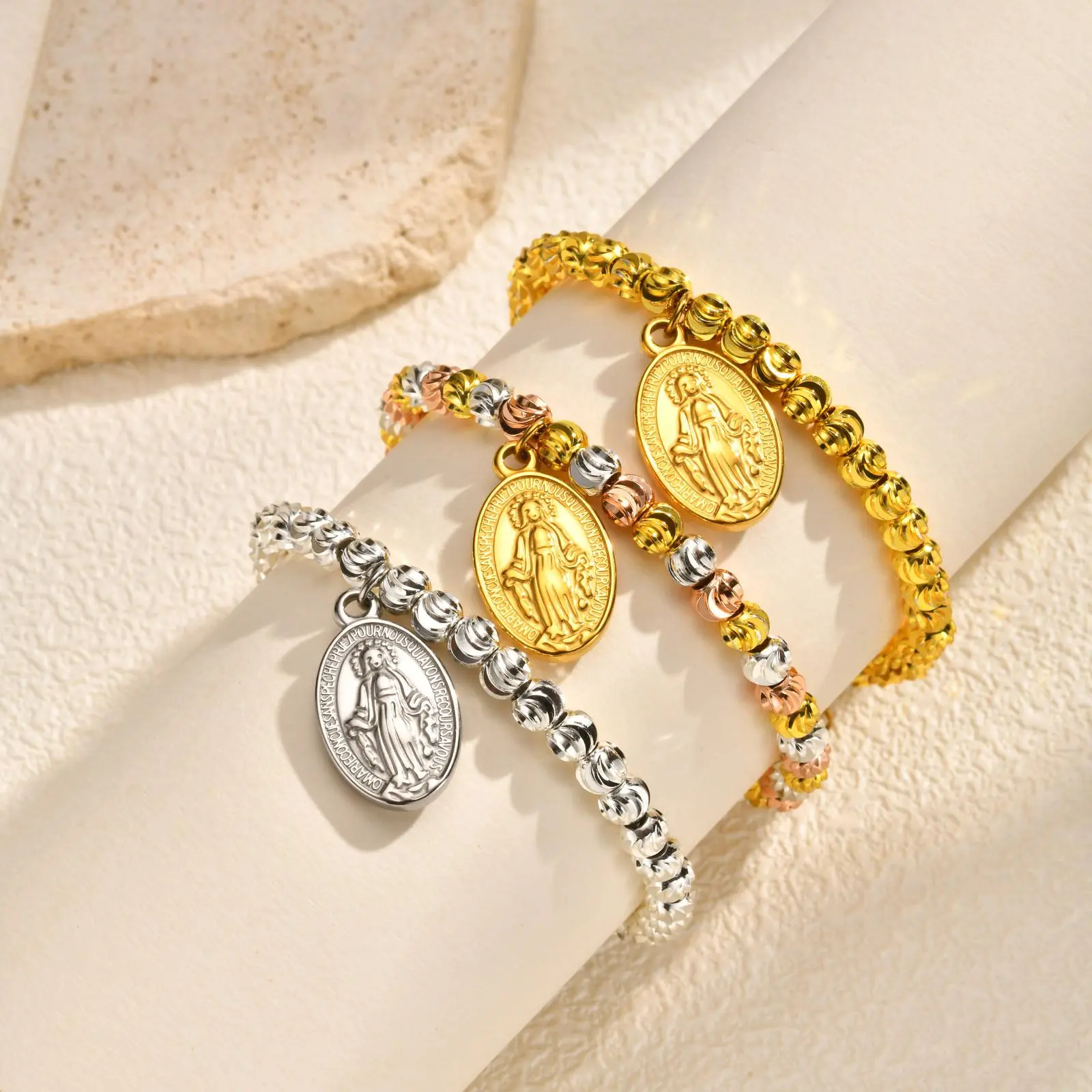 Vnox Stainless Steel Full-Gloss Virgin Mary Tricolor Watermelon Beaded Bracelet for Women's, New Religious Bracelet Jewelry