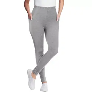Woman Within Tall Stretch-Cotton Knit Pull-On Pocket Leggings - M, Medium Heather Grey