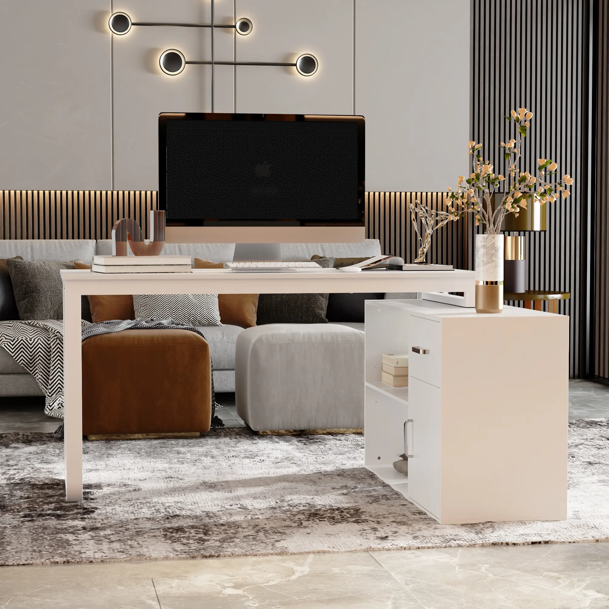 FUFU&GAGA L-Shaped Executive Desk with Mobile Drawer Cabinet, Home Office Furniture for Home and Office Use, Mobile Drawer Cabinet Tables
