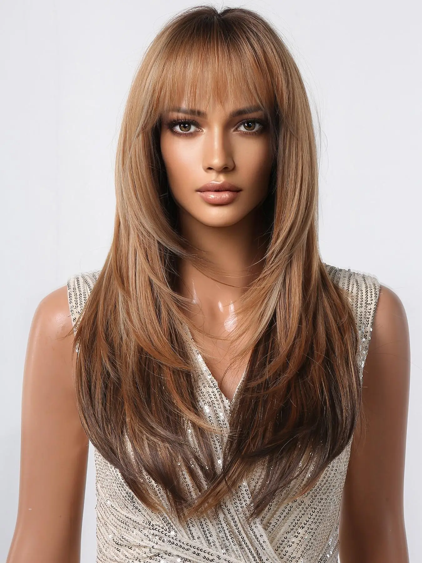 Women's Natural Long Straight Synthetic Wig With Bangs, 26 Inch Natural Brown Long Straight Wigs For Women, Gorgeous Fluffy Wigs With Bangs, Synthetic