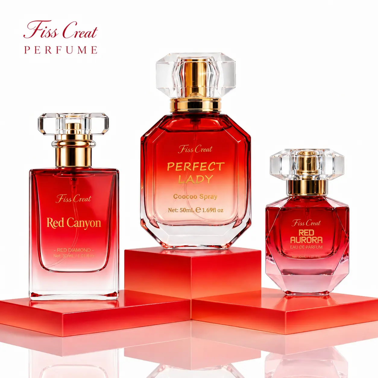 Fiss Creat Red Gradient Perfume Set for Women, 3-Piece Eau de Parfum Collection, Red Aurora, Red Canyon & Perfect Lady, Floral Gourmand & Citrus Vanilla Fragrances, Luxury Gift Set for Her
