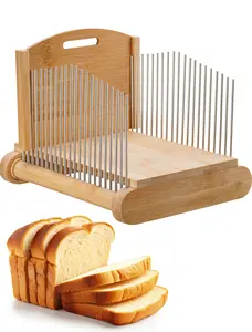 NiHome Bamboo Bread Slicer for Homemade Bread with Stainless Steel Guides, Adjustable Thickness for Toast & Sandwiches, Foldable Compact Sourdough Wood Cutting Board