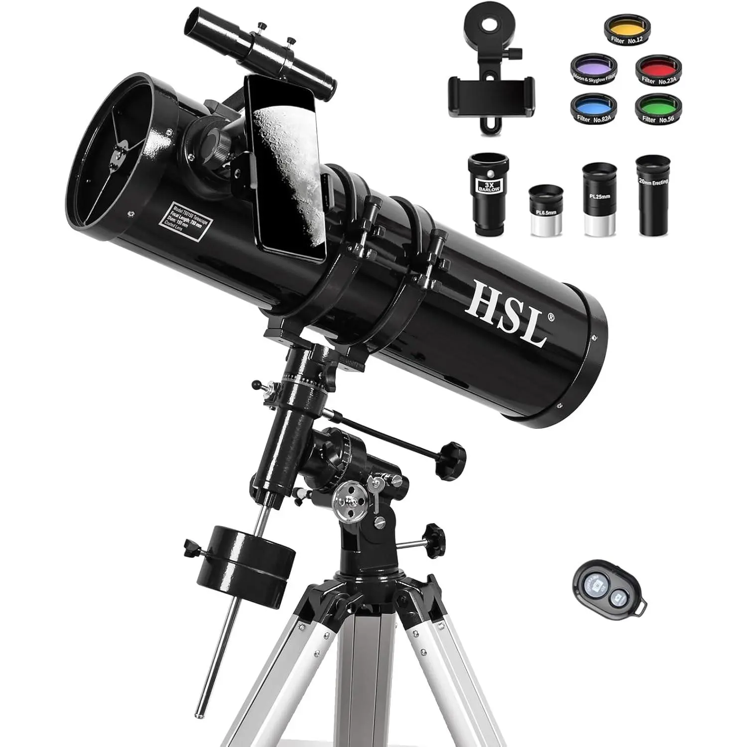HSL 150EQ Professional Reflector Telescope for Adults, 150mm Large Aperture for Stargazing, Includes 3X Barlow Lens & 5 Color Filters - Black, Astronomical Reflector Telescope, Unisex