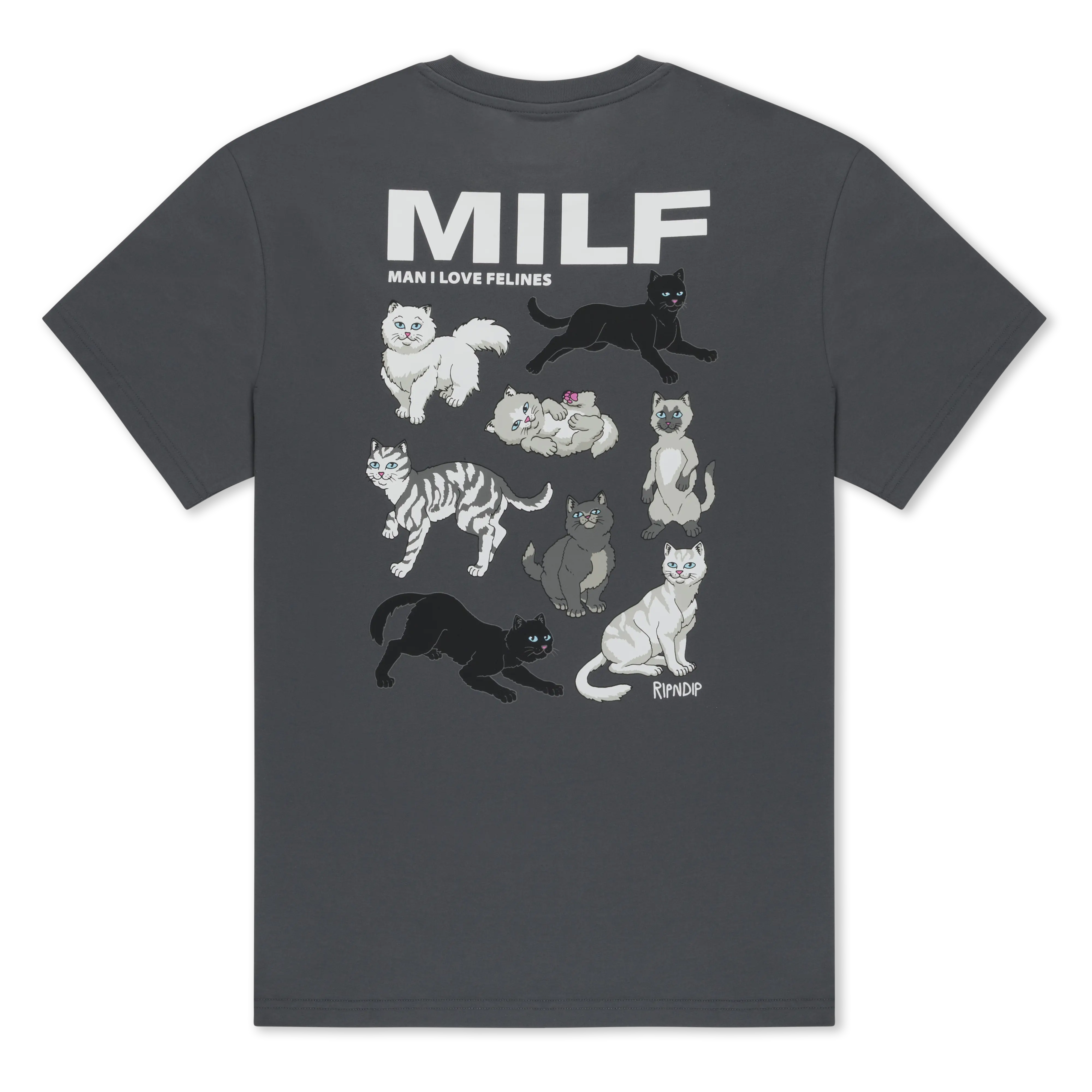 Men's Graphic Cotton Tee, Casual 180 GSM Short-Sleeve Round Neck with 'Man I Love Felines' Front & Back Screen Print - Charcoal