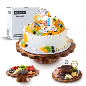 Zumeler Acacia Wood Cake Stand with Lid Round Cake Plate with Dome Petal Edge 2-in-1 Dessert Table Display Set & Charcuterie Board Platter with Large Acrylic Cover for Cake Cheese Chip & Fruit Multi Use