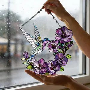 Stained Glass Hummingbird Suncatcher, Lavender Flower Window Hanging, Botanical Glass Art, Gift for Her, Home Decor