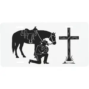 Cowboy Praying at Cross Horse Front License Plate 6x12 - Christian Western Vanity Tag for Car Truck SUV - Aluminum Metal Novelty 4 Holes