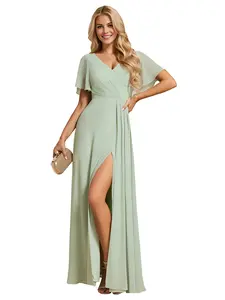 EVER PRETTY Women's Fall V-Neck Flutter Sleeve Chiffon Fabric Maxi Dress - Minimalist Style, Elegance, Open Back, Formal Silhouette Bridesmaid Dress S0050