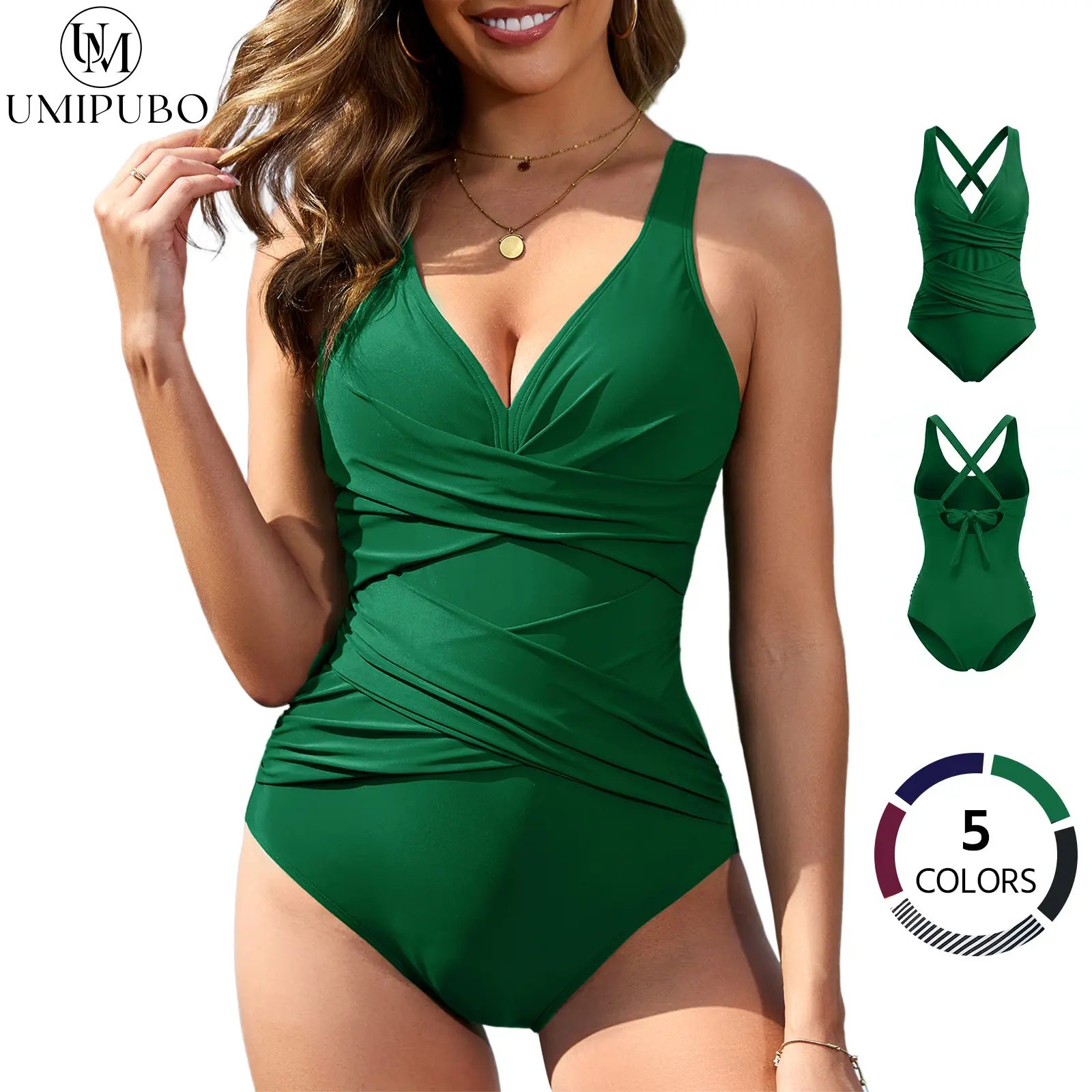 【Clearance Sale】UMIPUBO Summer Womens Tummy Control Swimsuits One Piece Bathing Suit Front Cross Tie Back Slimming Ruched Push Up Padded Swimwear for Beach SwimWeek