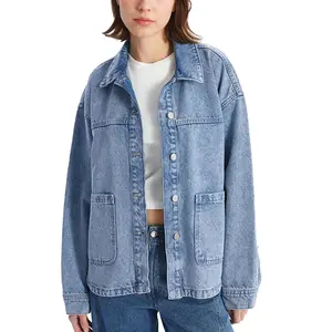 Talakeno Jean Jackets for Women Trendy Button Up Denim Shirt Jacket Oversized Long Sleeve Coat Fashion Clothes with Pockets
