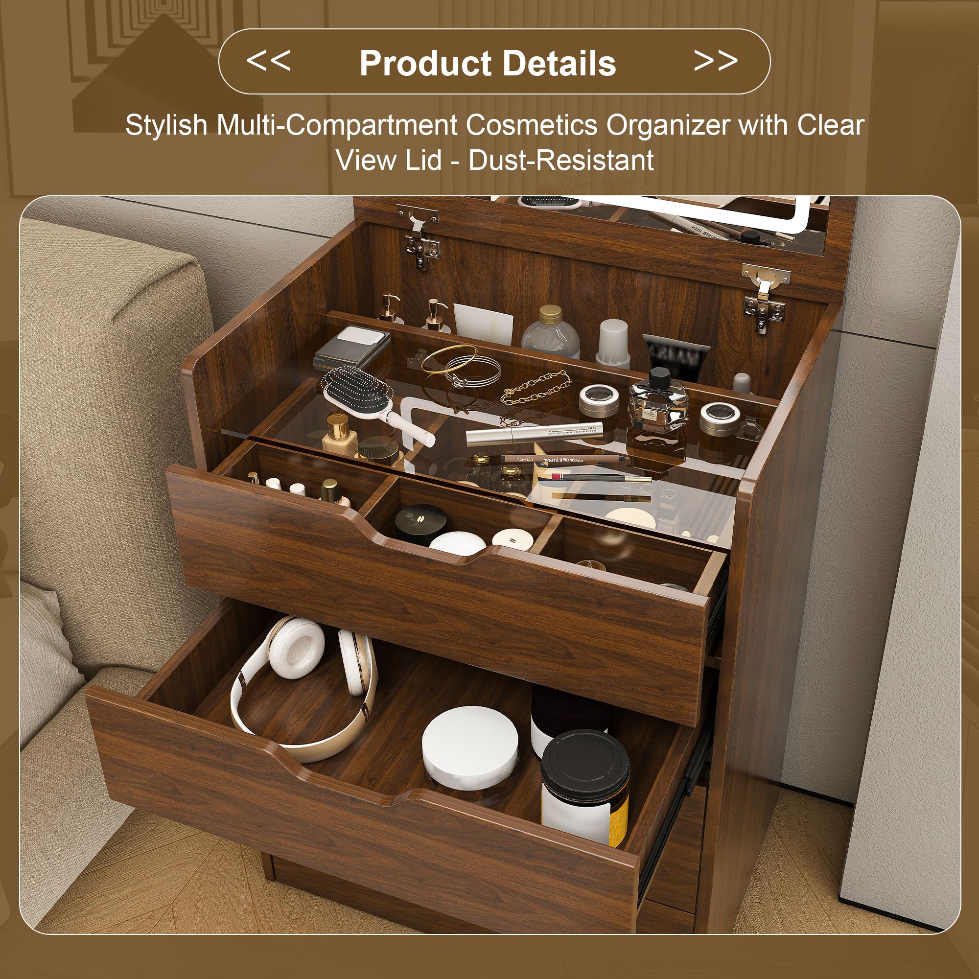 3-in-1 Makeup Vanity Desk with Flip-Top LED Mirror & Stool, Space-Saving Nightstand Combo, Glass Top, Storage Drawers & Hidden Jewelry Organizer – Perfect for Small Spaces (Walnut)
