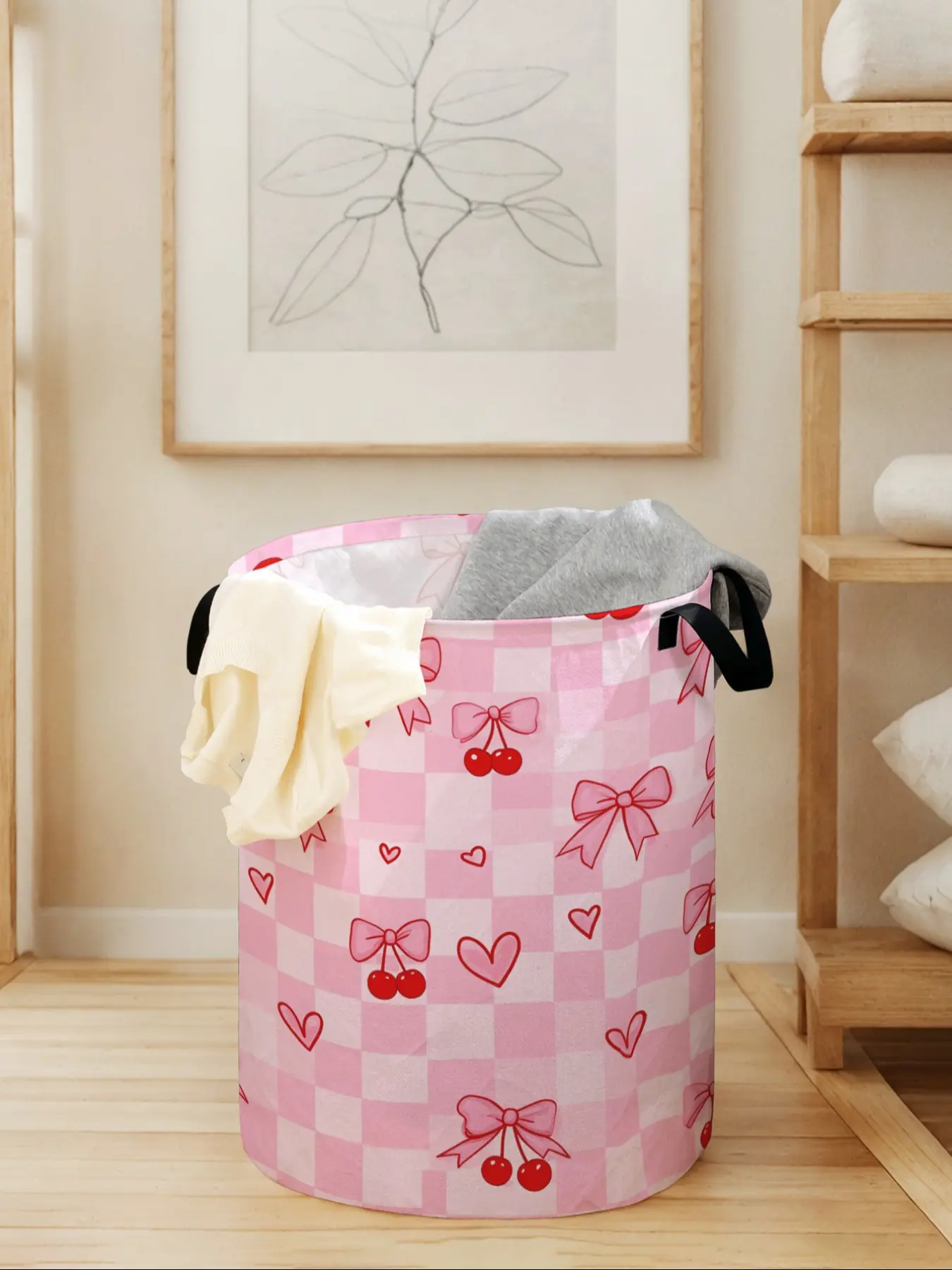 Heart Bowknot Printed Laundry Basket with Handle, Folding Laundry Basket, Foldable Laundry Hamper, Durable Foldable Home Storage Bin, Large Capacity Toy Organizer, Valentine's Day Gift