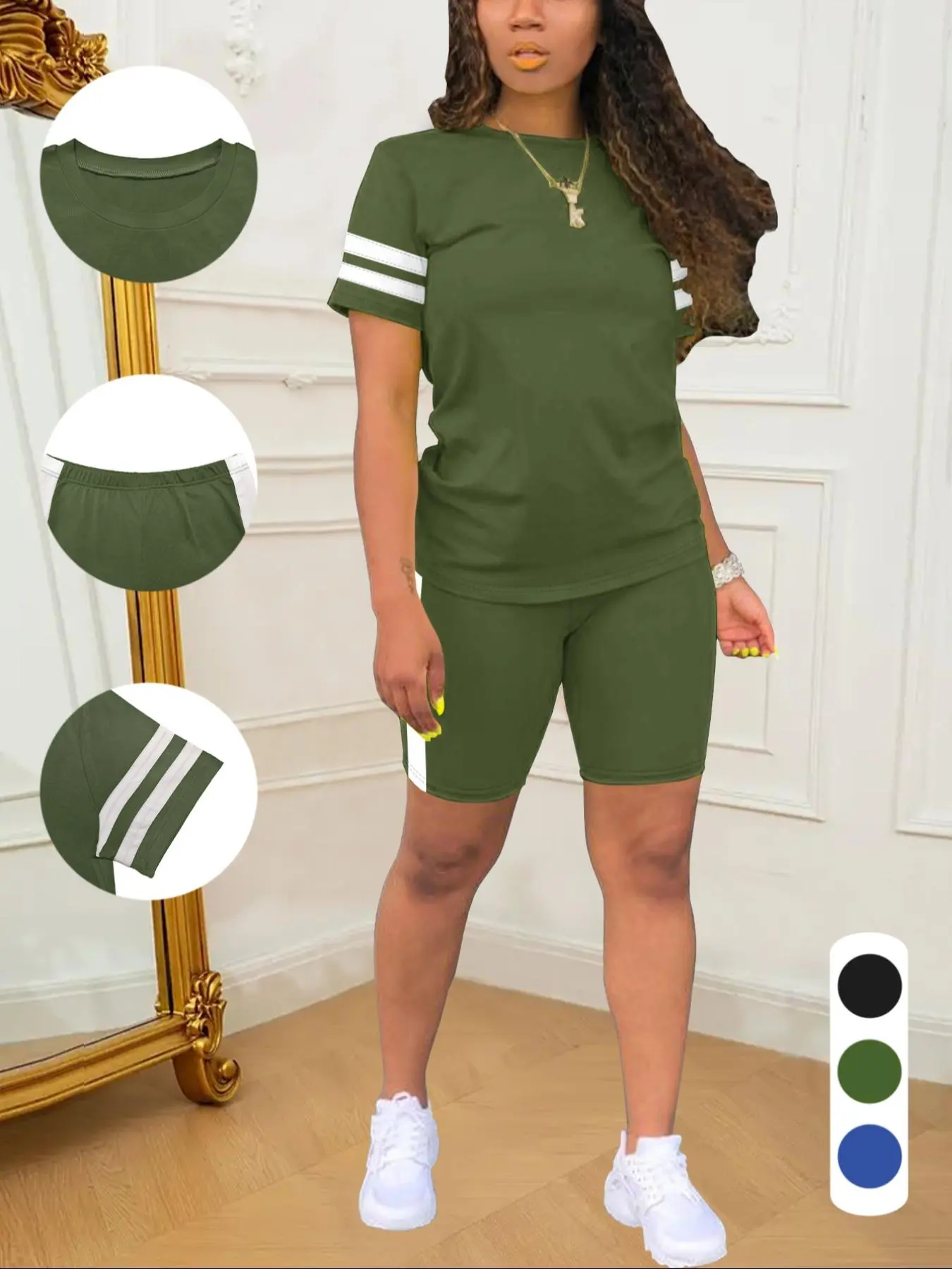 Two-piece Set Women's Colorblock Crewneck Short Sleeve Tee & Skinny Shorts, Casual Round Neck Top & Shorts for Daily Wear, Ladies Summer Clothes, Summer Sport Set