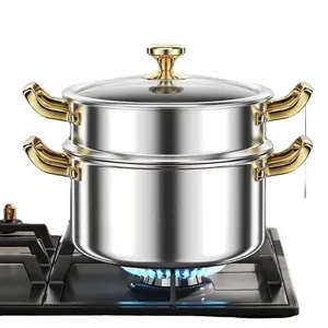 22cm Two-Layer Stainless Steel Induction Cooktop Steamer Pot Set, Glass Lid Cooking Pots, Essential Kitchen Cooking Utensils
