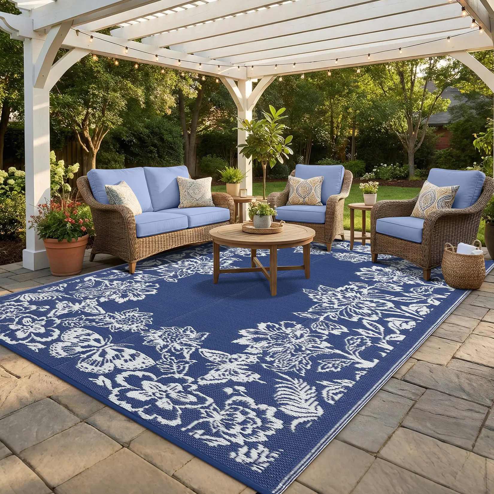 Garvee Large-sized Double-sided Outdoor Rug Foldable Easy-to-clean Floral-bordered Printed Rug for Balconies Gardens Picnics Beaches and RVs waterproof patio rug